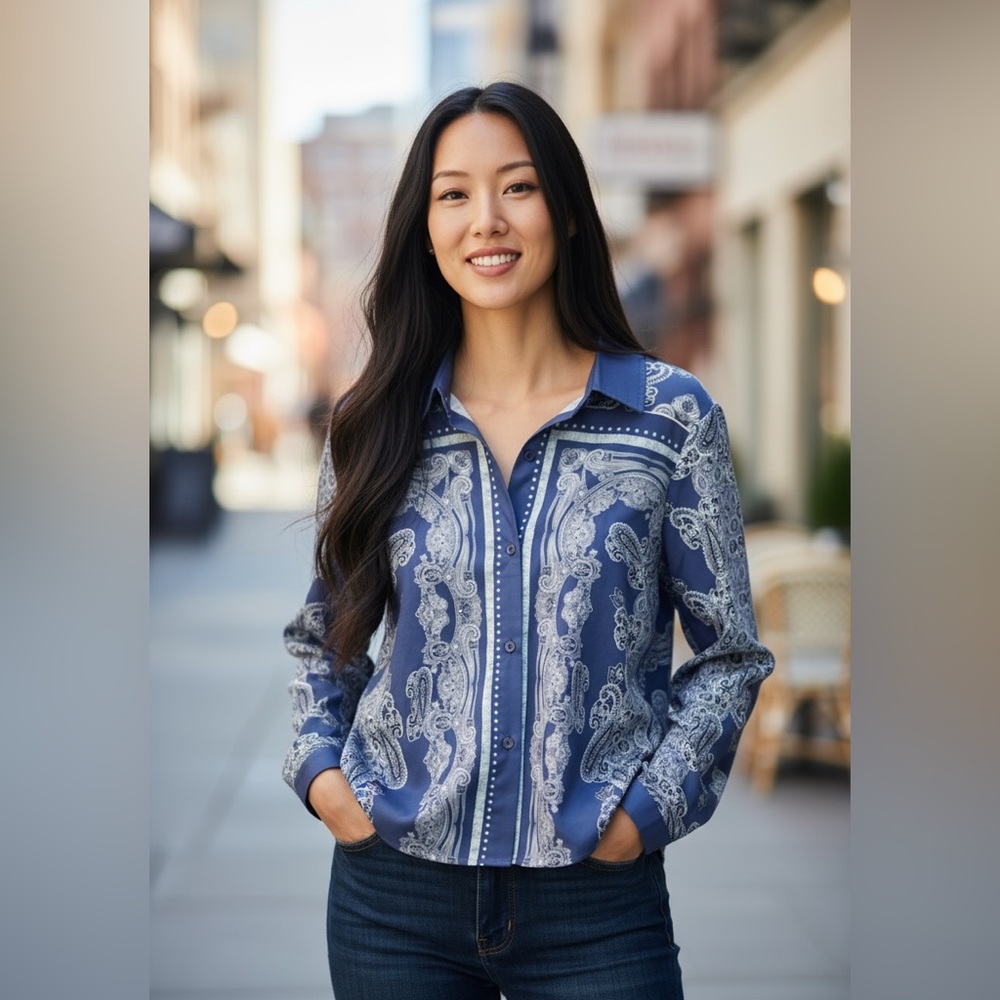 Misslook blue and white Paisley Pattern Long Sleeve Shirt bohemian